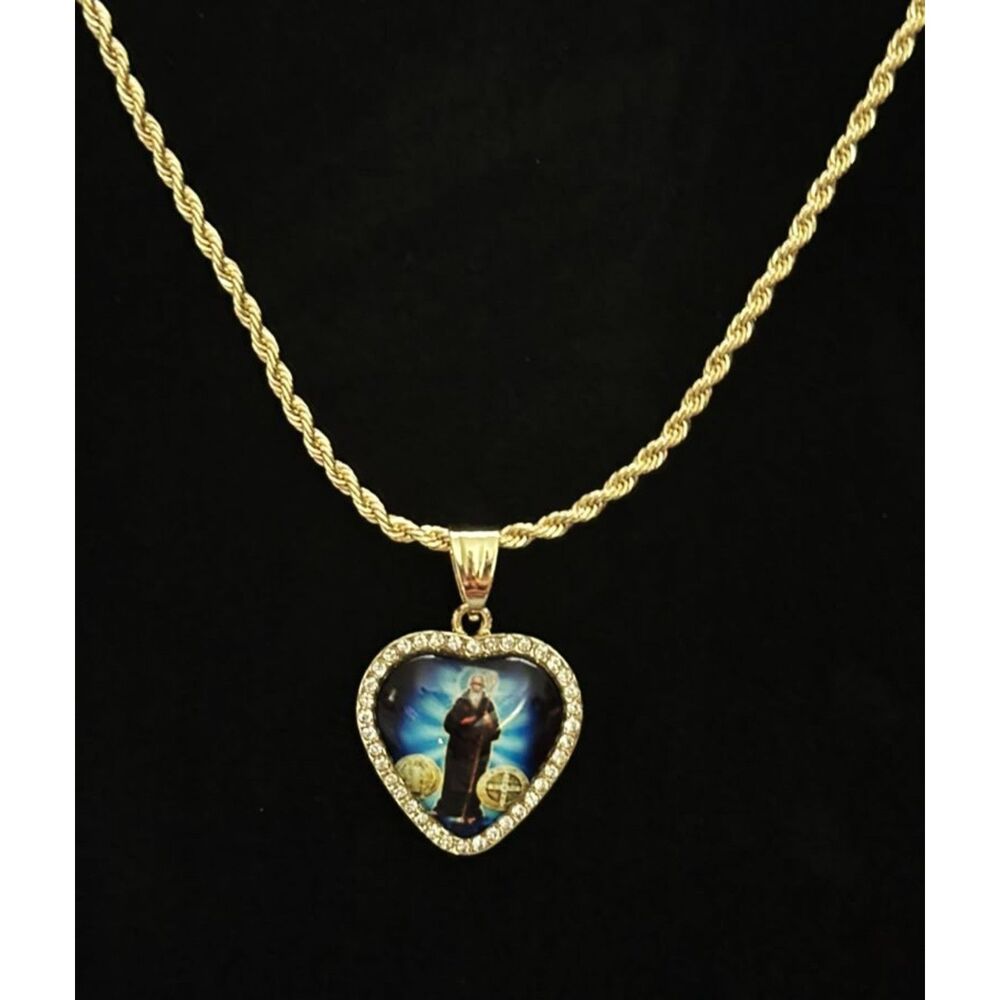 18K Gold Filled Saint Benedict Heart Pendant Necklace | 20" 4mm Rope Chain